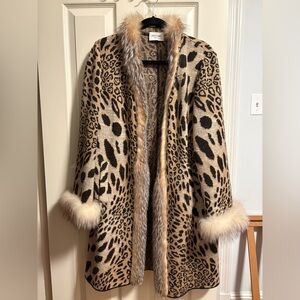 Stizzoli Leopard Print Cape with Faux Fur Trim